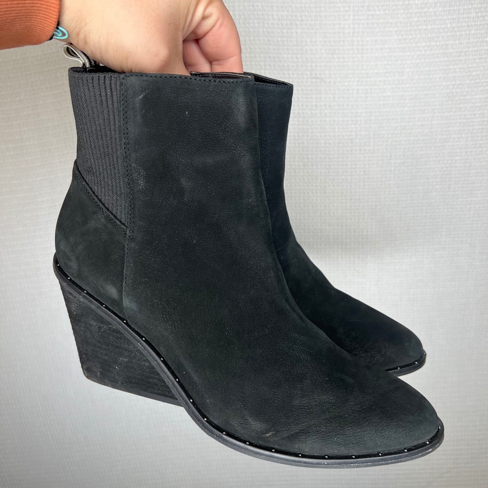 Dr. Scholls Mania Black Leather Wedge Ankle Boots Womens 10M Pointed Toe Studded